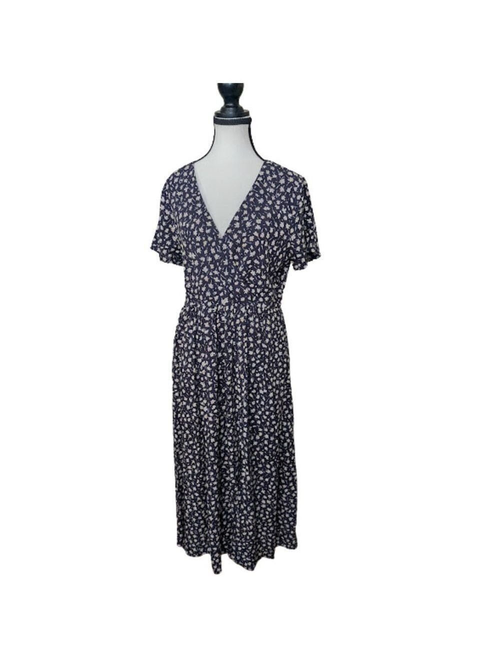Madewell Navy Floral Maxi Dress Size S Romantic Flutter Sleeve Dress Front Slit